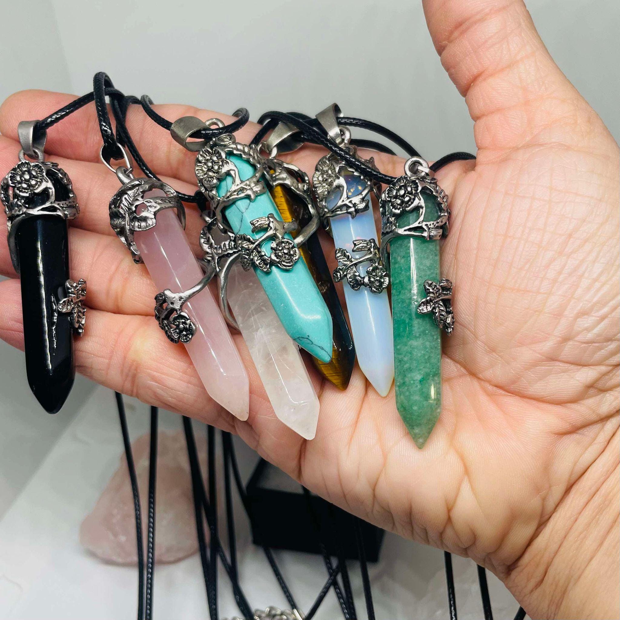 Genuine Crystal Pendant Necklace with Silver Floral Wrap Design