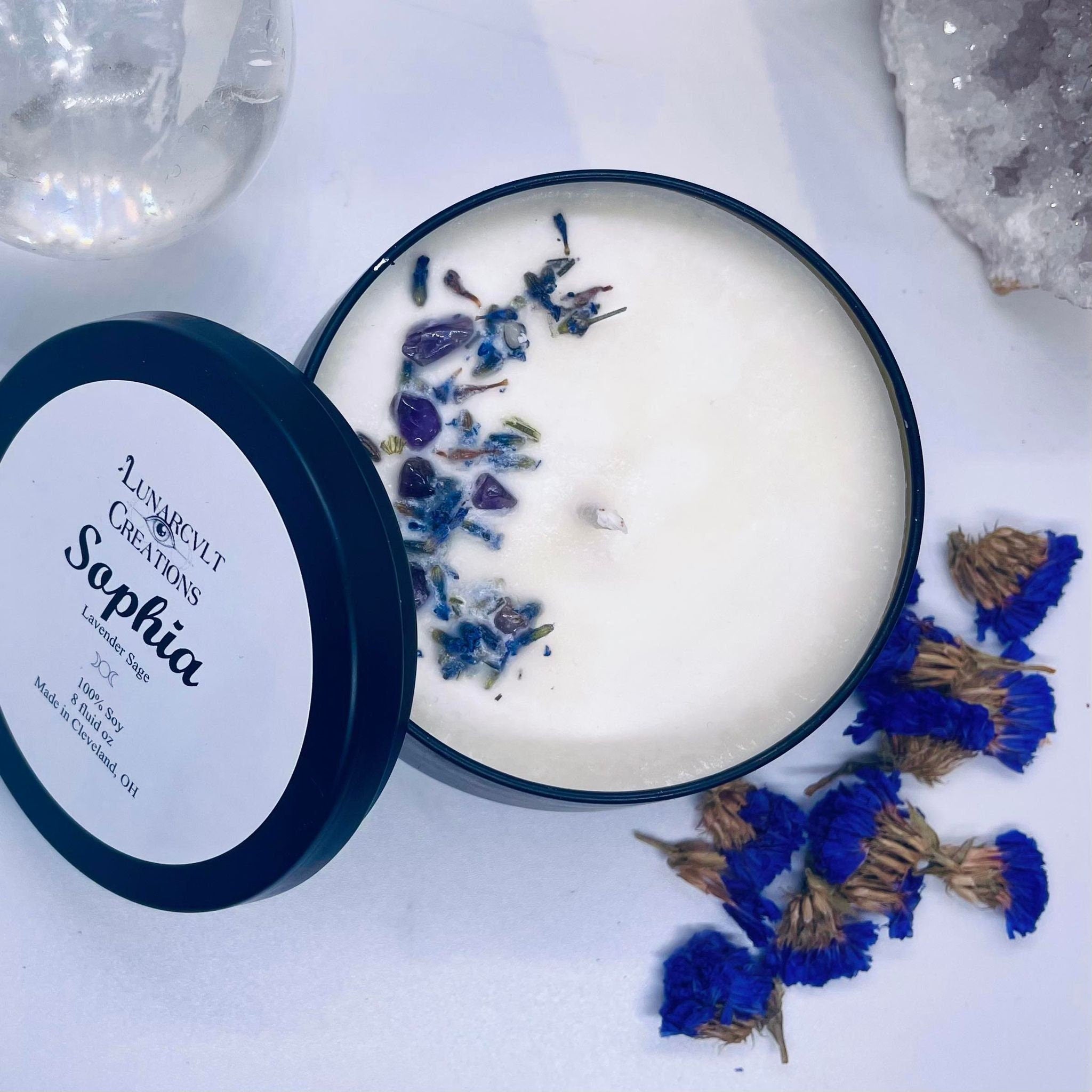 Sophia Goddess Candle: Lavender Sage Scented Soy Candle with Amethyst