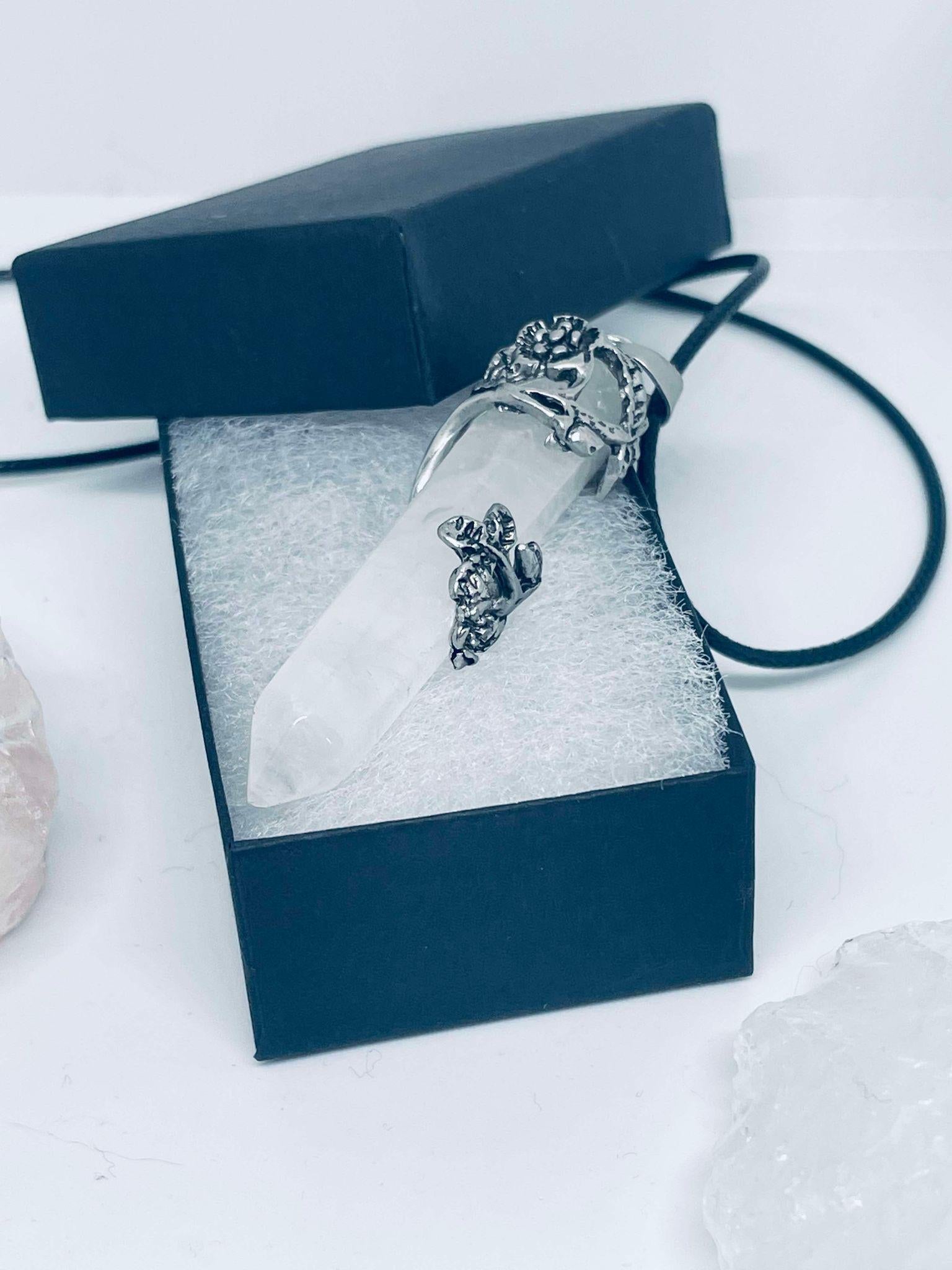 Genuine Crystal Pendant Necklace with Silver Floral Wrap Design