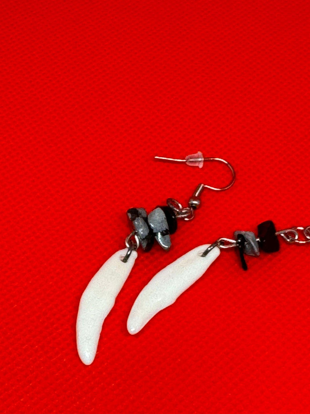 Genuine Coyote Fang Earring with Spotted Obsidian Detail- Ethically Sourced Taxidermy Jewelry