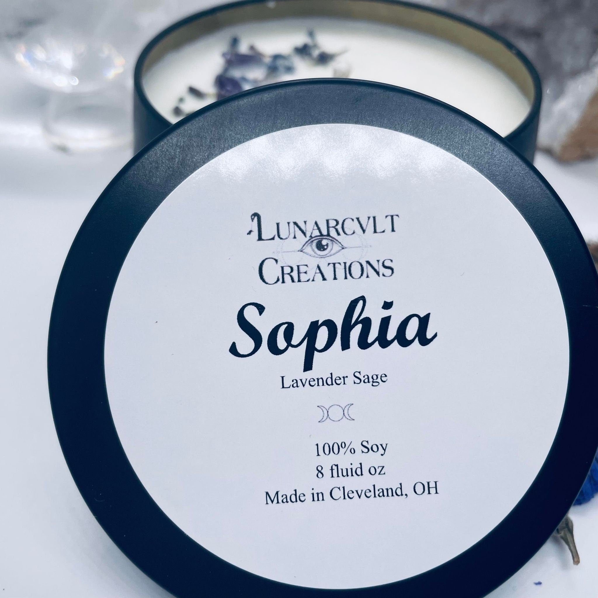 Sophia Goddess Candle: Lavender Sage Scented Soy Candle with Amethyst