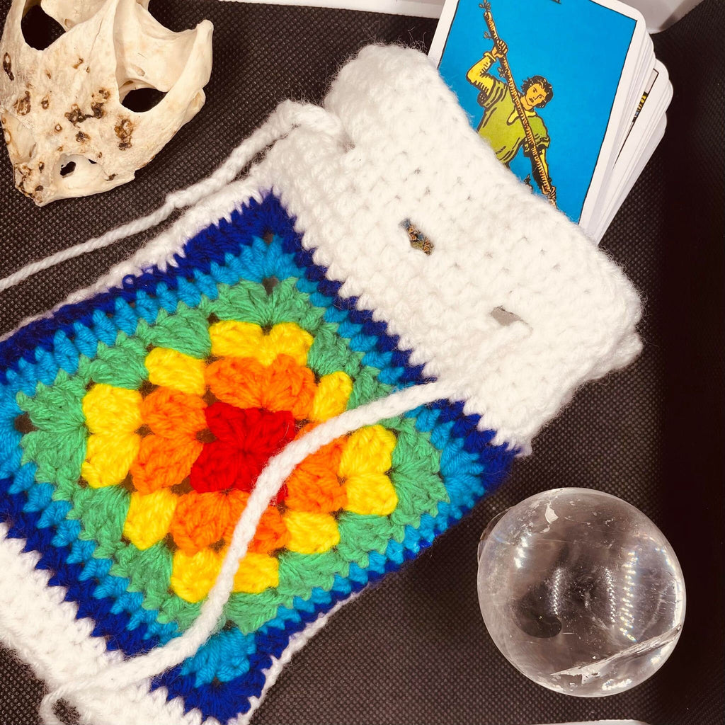 Handmade Crochet Tarot Pouch: Rainbow Chakra Granny Square