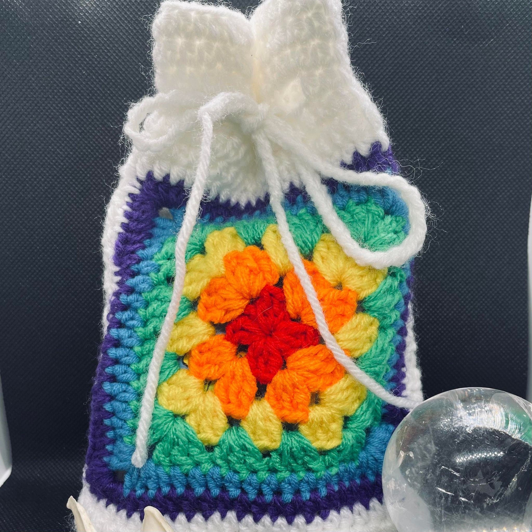 Handmade Crochet Tarot Pouch: Rainbow Chakra Granny Square
