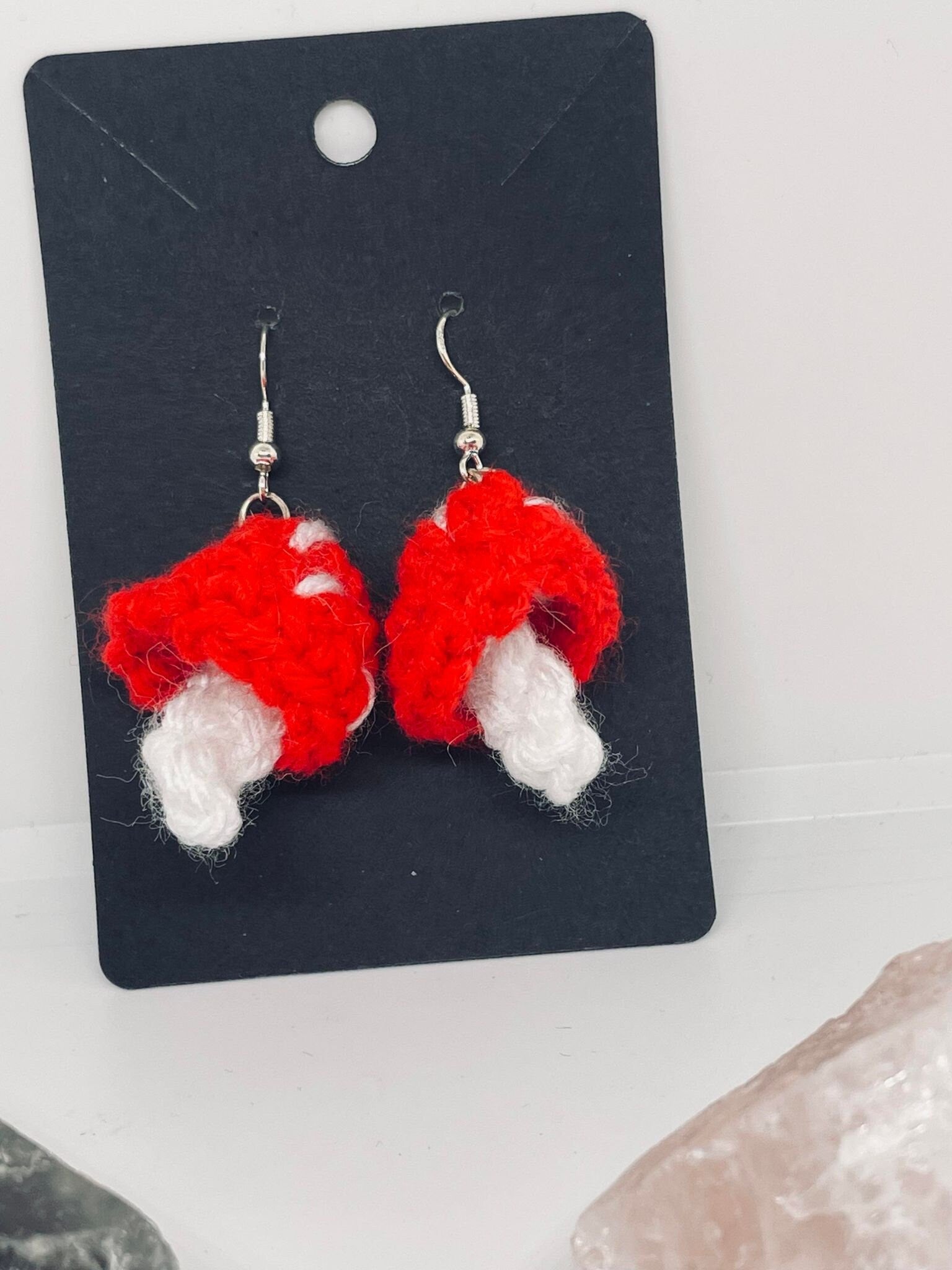 Handmade Crochet Mushroom Dangle Earring- Red Mushroom Earrings- Cottagecore