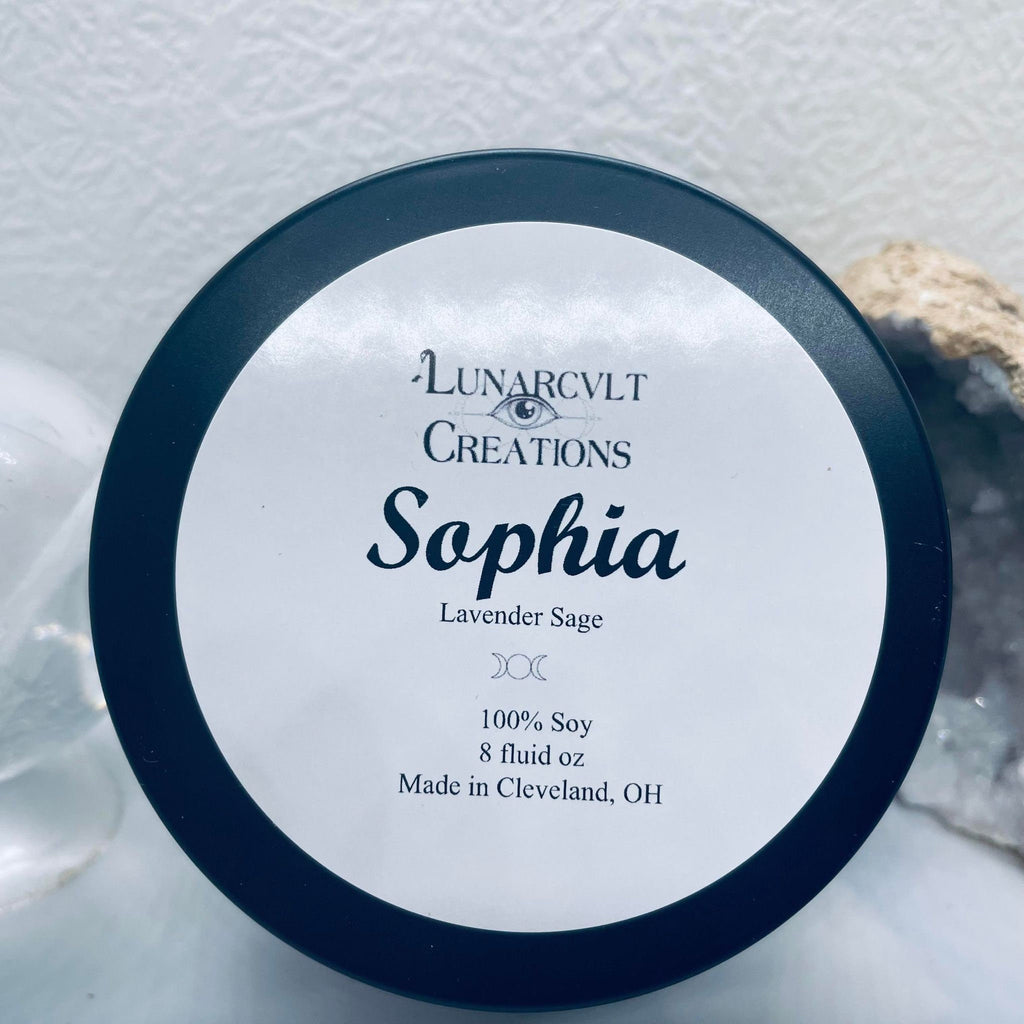 Sophia Goddess Candle: Lavender Sage Scented Soy Candle with Amethyst