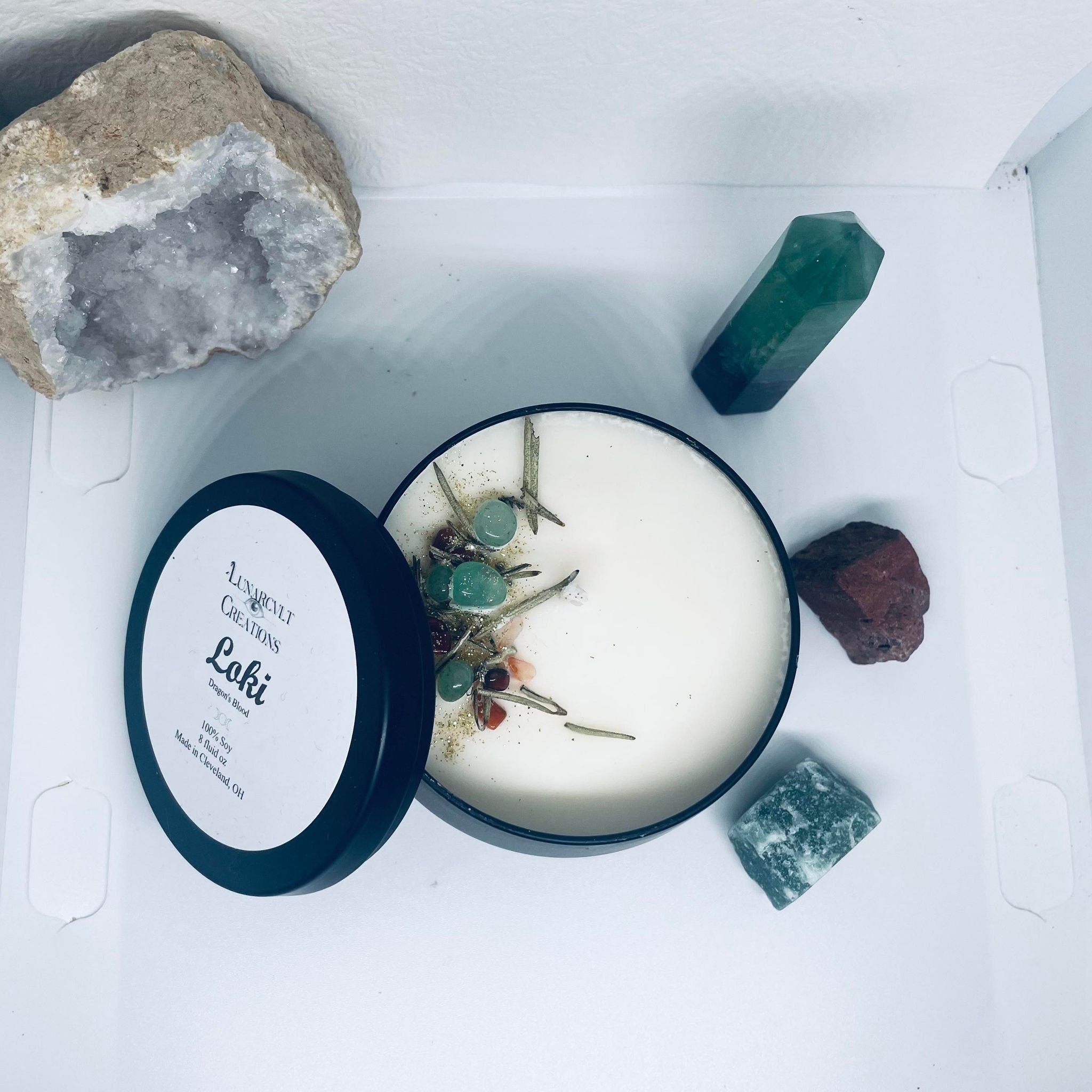 Loki Intention Candle- Dragonsblood Scented Soy Wax Candle- Crystal Candle