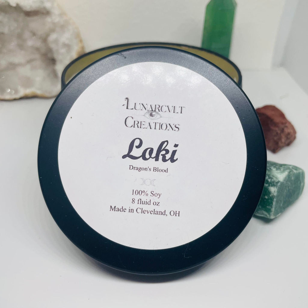 Loki Intention Candle- Dragonsblood Scented Soy Wax Candle- Crystal Candle