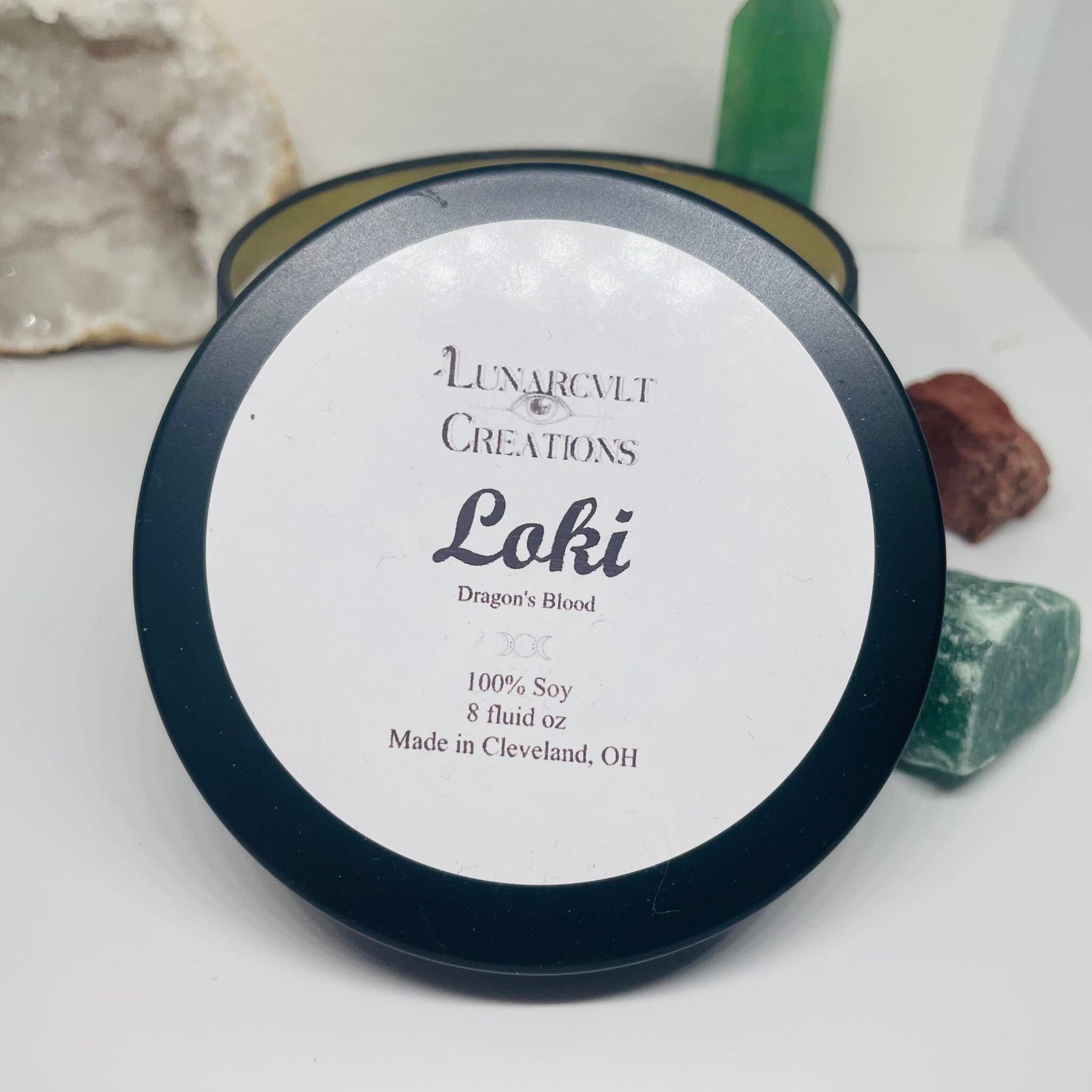 Loki Intention Candle- Dragonsblood Scented Soy Wax Candle- Crystal Candle