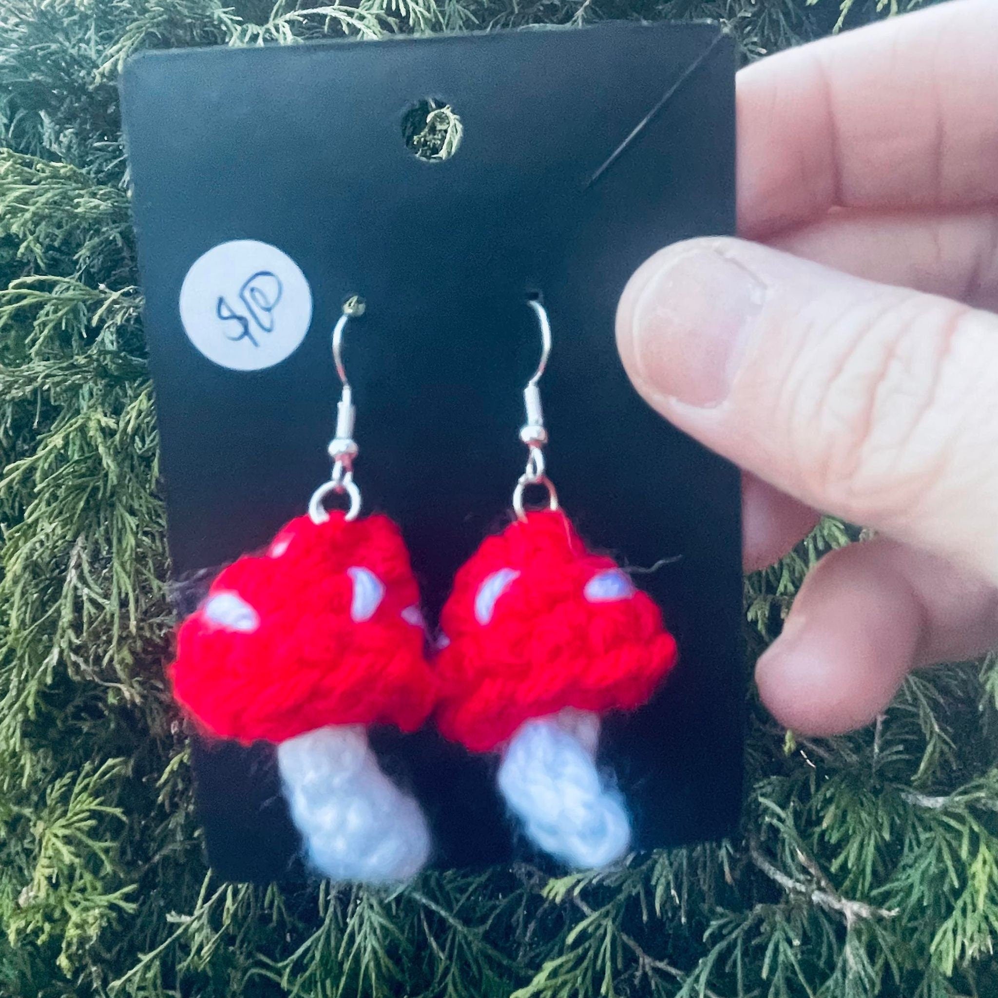 Handmade Crochet Mushroom Dangle Earring- Red Mushroom Earrings- Cottagecore
