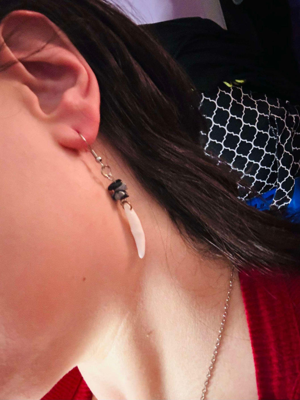 Genuine Coyote Fang Earring with Spotted Obsidian Detail- Ethically Sourced Taxidermy Jewelry