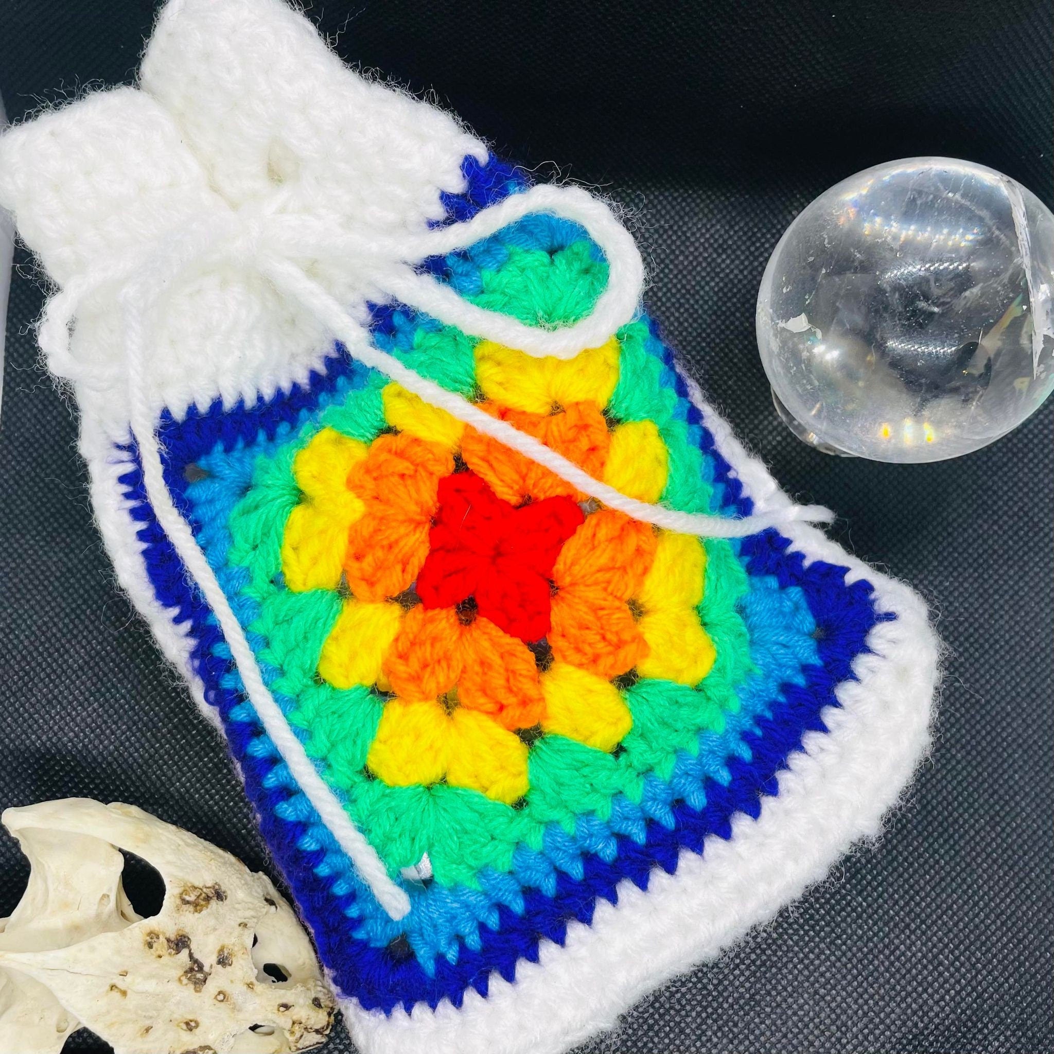 Handmade Crochet Tarot Pouch: Rainbow Chakra Granny Square