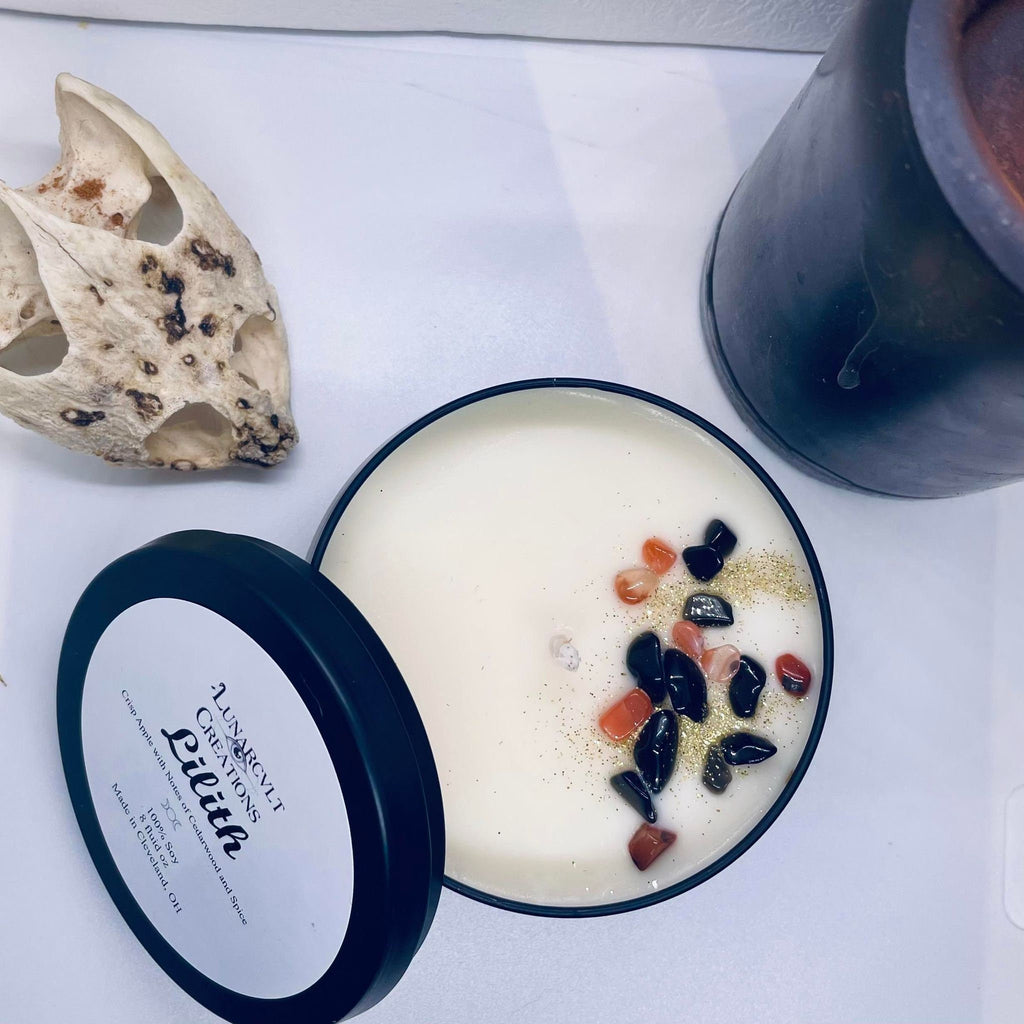 Lilith Goddess Soy Candle: Apple Cedarwood Scent, Obsidian & Agate