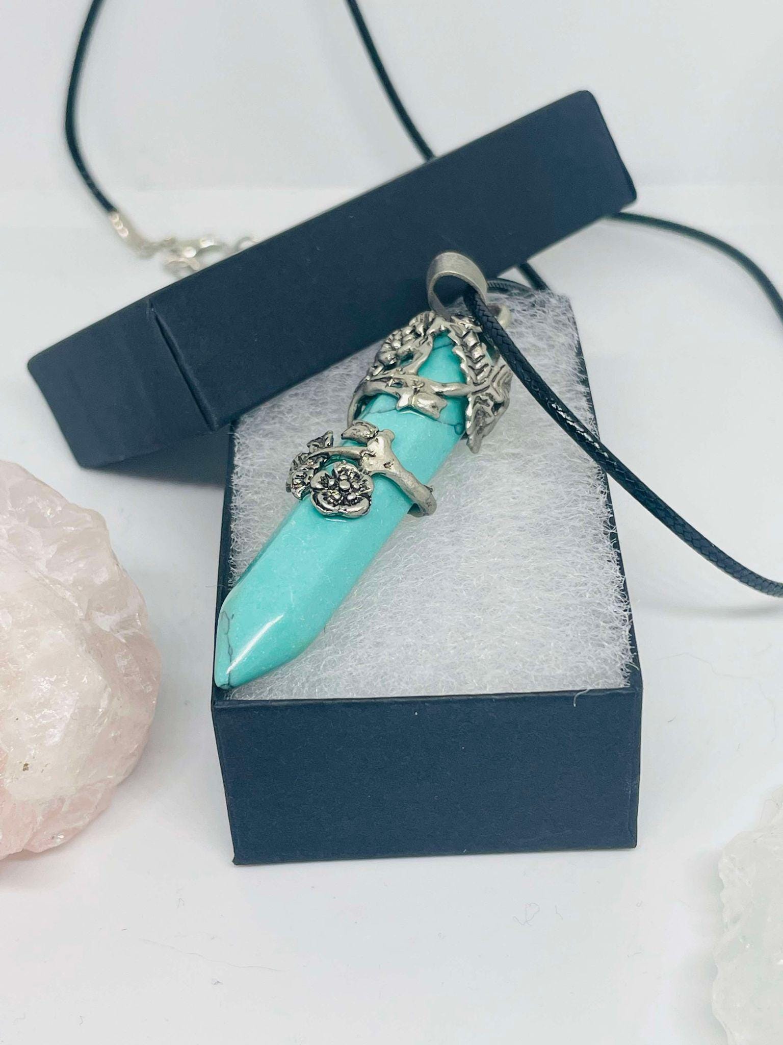 Genuine Crystal Pendant Necklace with Silver Floral Wrap Design