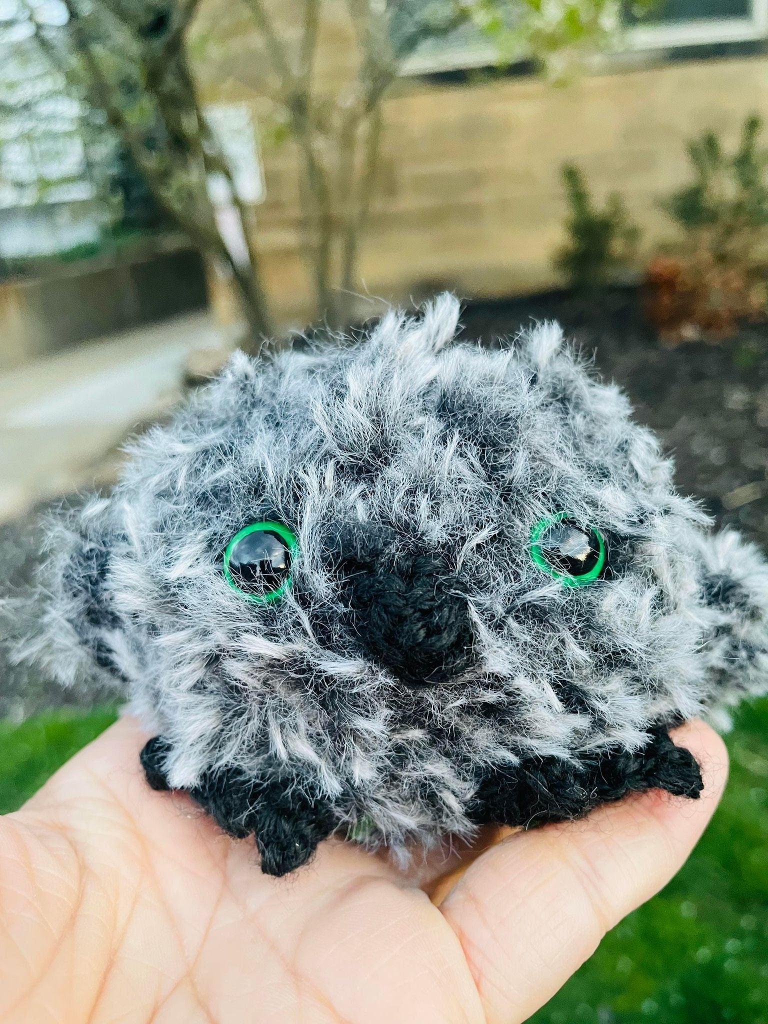 Crochet Fluffy Faux Fur Owl Plush Toy- Furry Owlette Plushie_ Amigurumi Gray Owl