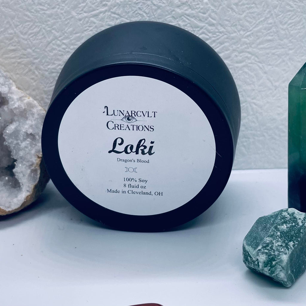 Loki Intention Candle- Dragonsblood Scented Soy Wax Candle- Crystal Candle