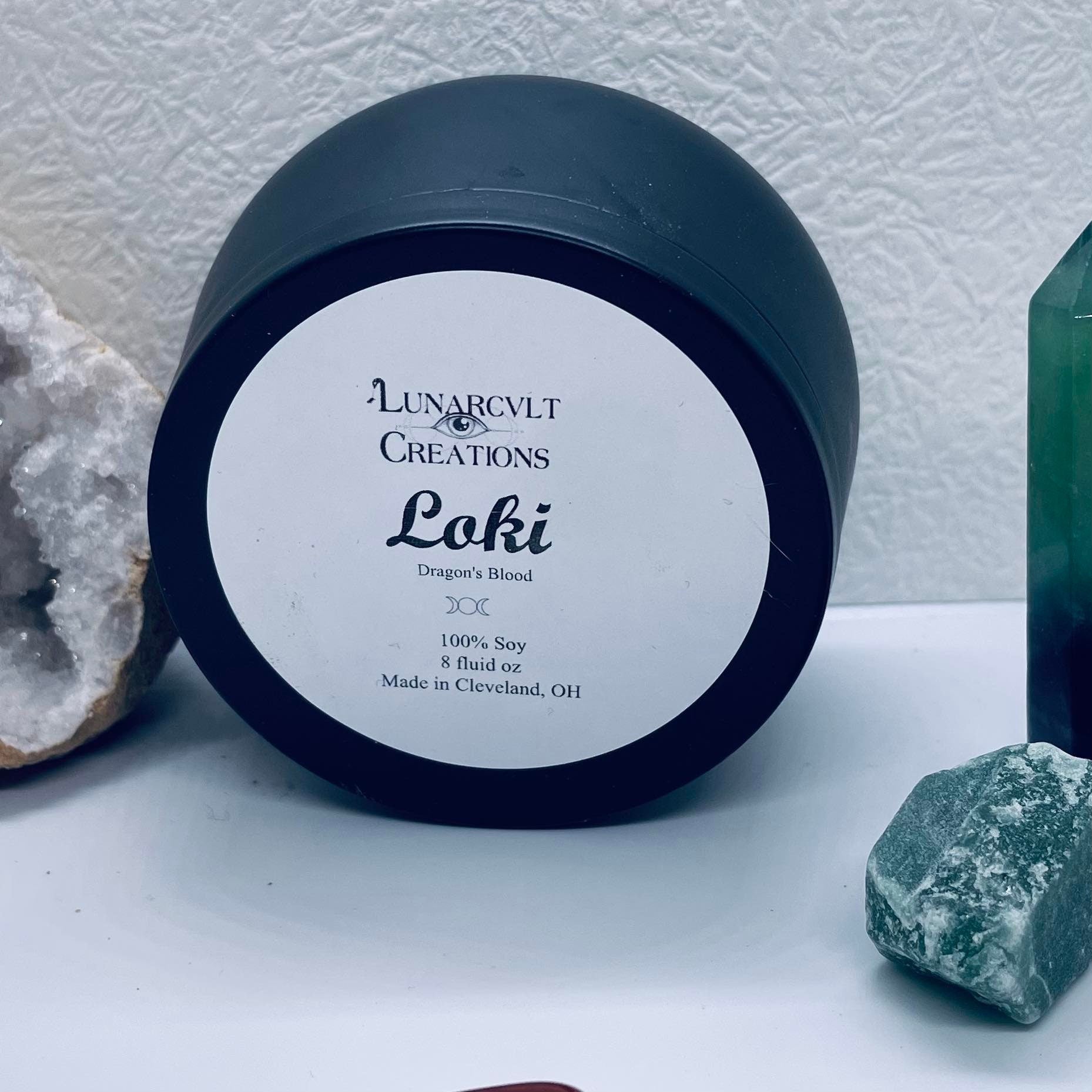 Loki Intention Candle- Dragonsblood Scented Soy Wax Candle- Crystal Candle
