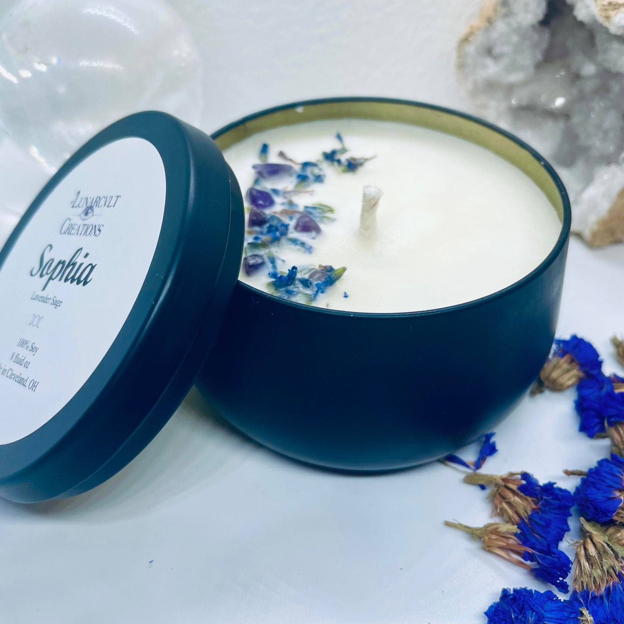 Sophia Goddess Candle: Lavender Sage Scented Soy Candle with Amethyst