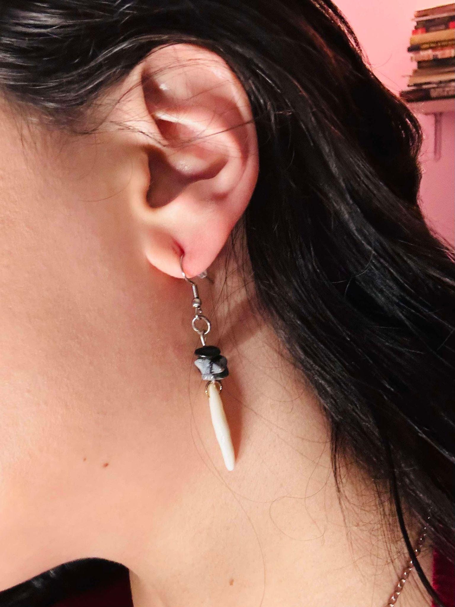 Genuine Coyote Fang Earring with Spotted Obsidian Detail- Ethically Sourced Taxidermy Jewelry