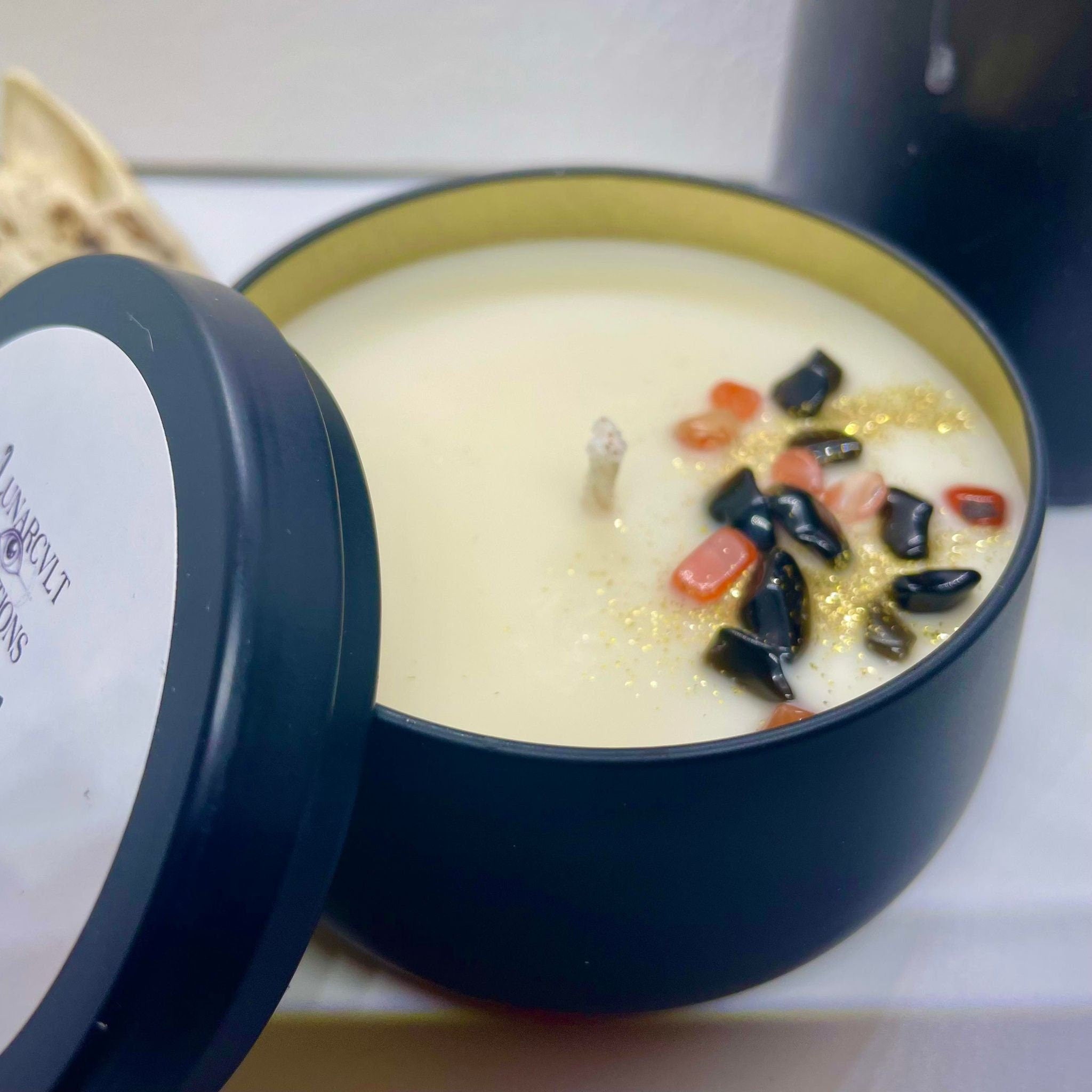 Lilith Goddess Soy Candle: Apple Cedarwood Scent, Obsidian & Agate