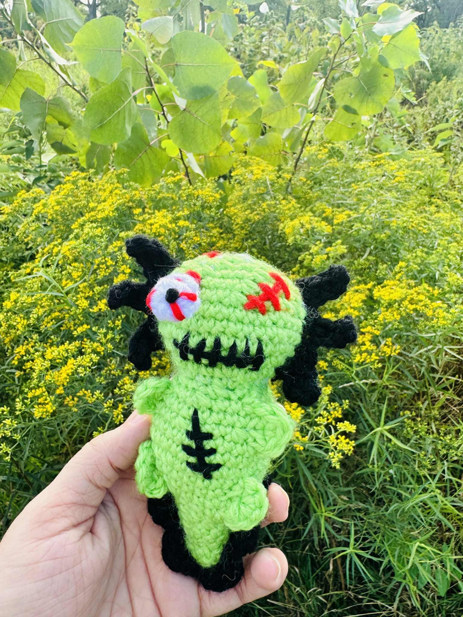 Cute Crochet Zombie Axlotl- Silly Amigurumi Axlotl- Halloween Plushie