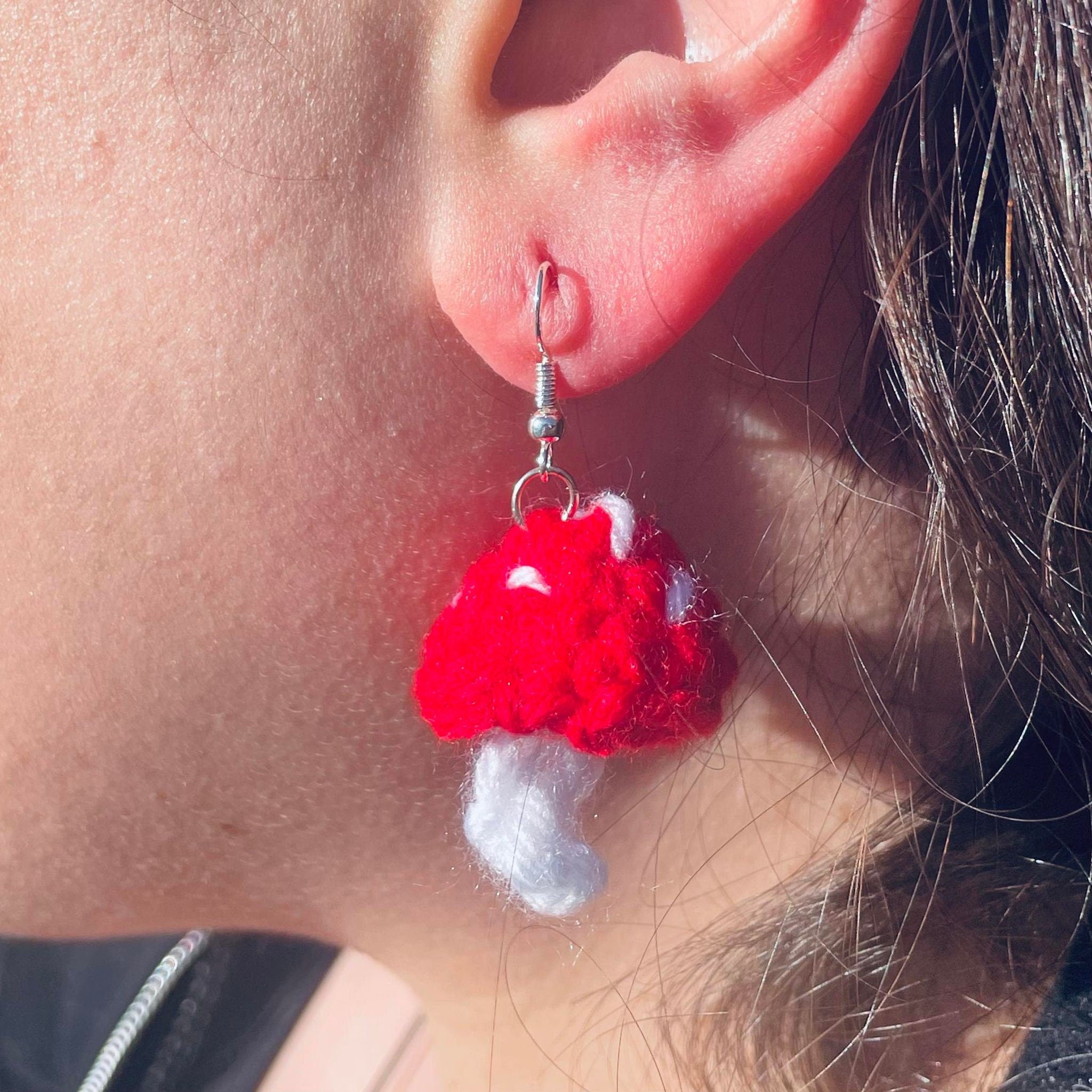 Handmade Crochet Mushroom Dangle Earring- Red Mushroom Earrings- Cottagecore