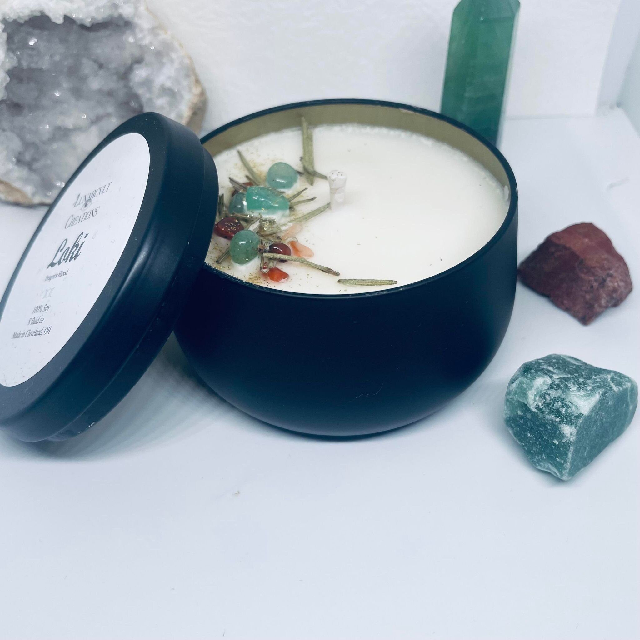 Loki Intention Candle- Dragonsblood Scented Soy Wax Candle- Crystal Candle