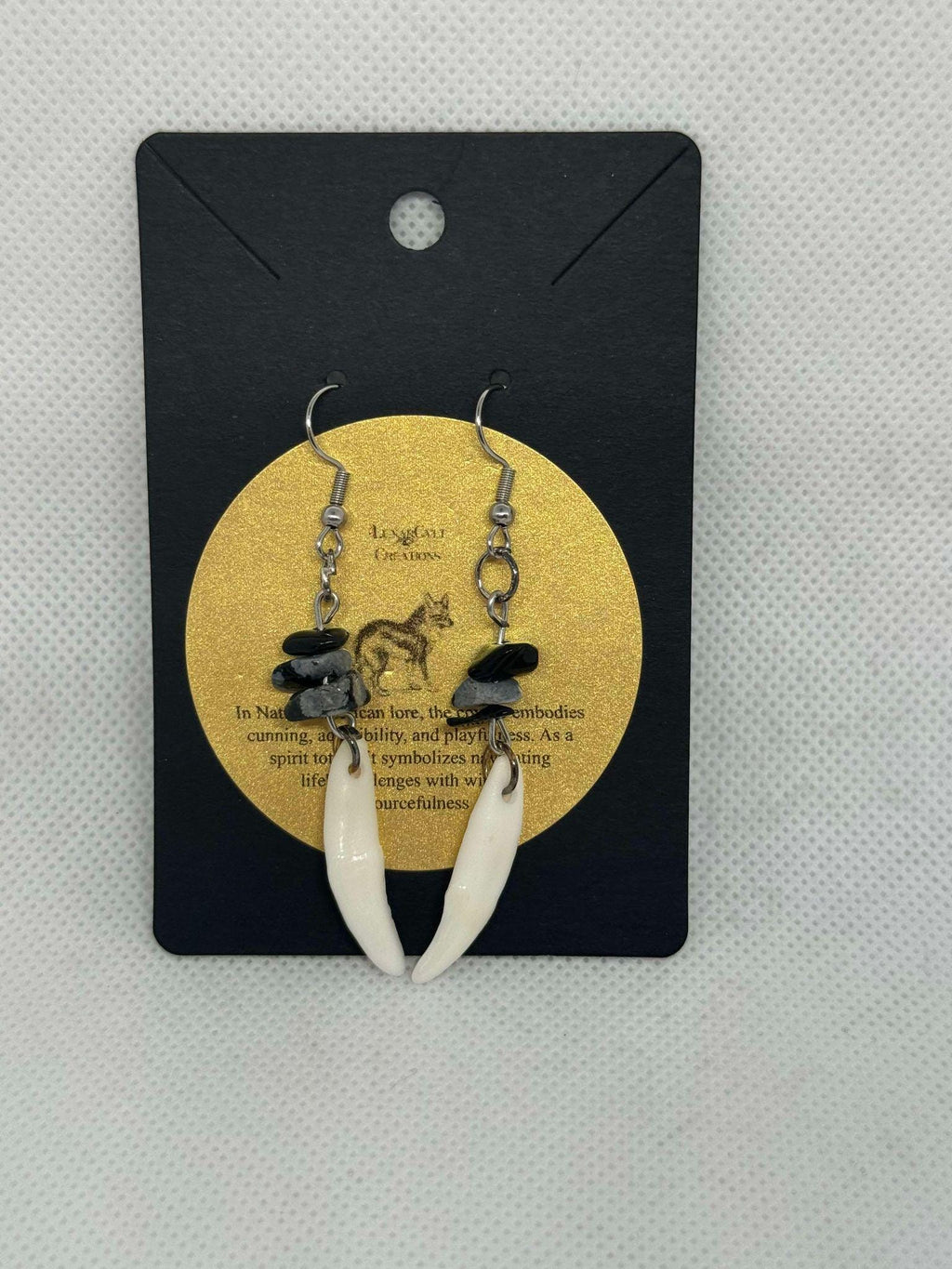 Genuine Coyote Fang Earring with Spotted Obsidian Detail- Ethically Sourced Taxidermy Jewelry
