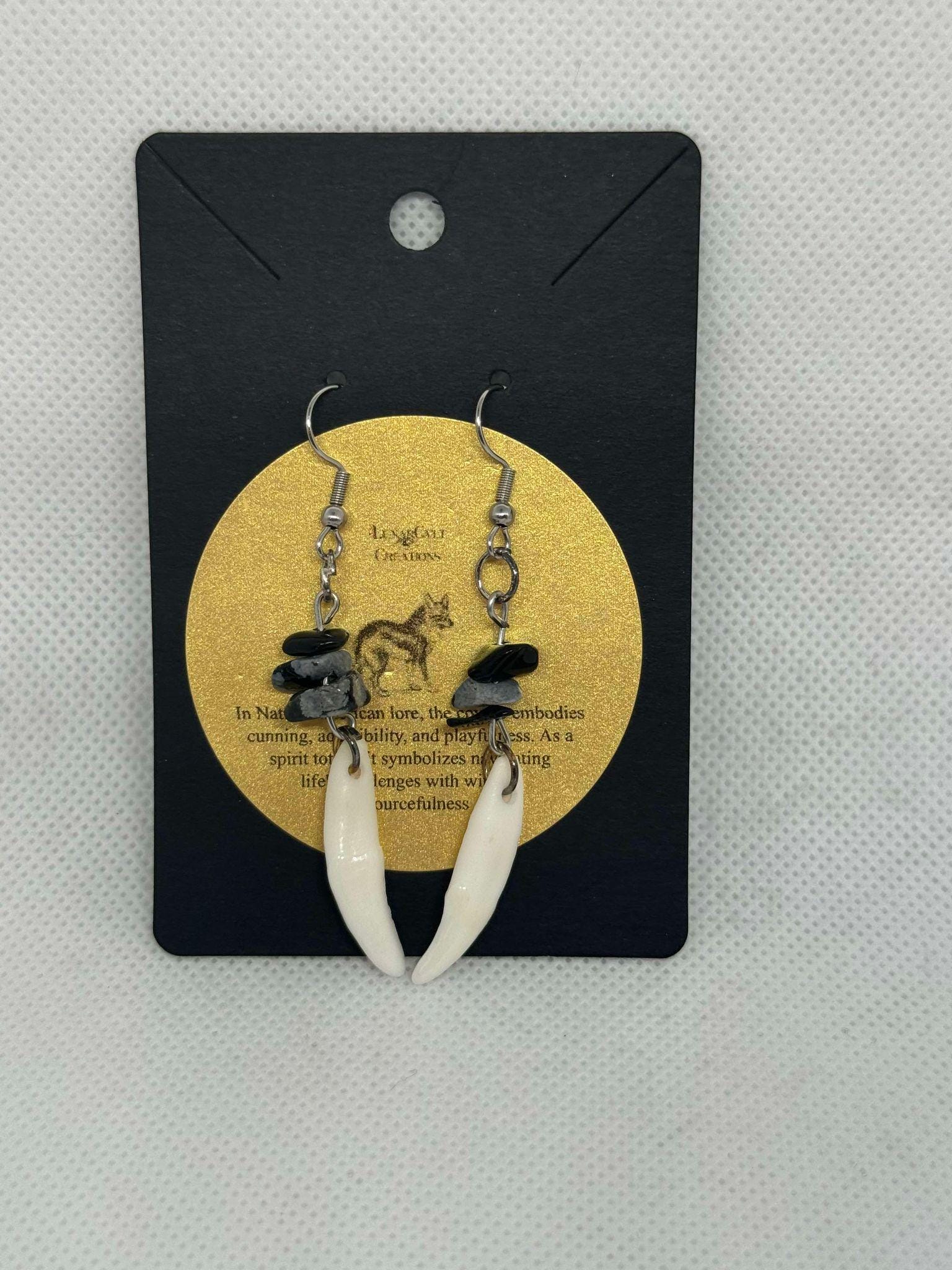 Genuine Coyote Fang Earring with Spotted Obsidian Detail- Ethically Sourced Taxidermy Jewelry
