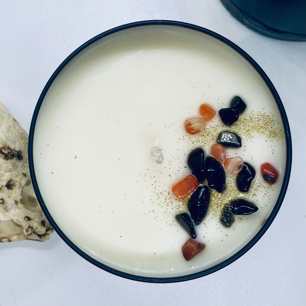 Lilith Goddess Soy Candle: Apple Cedarwood Scent, Obsidian & Agate