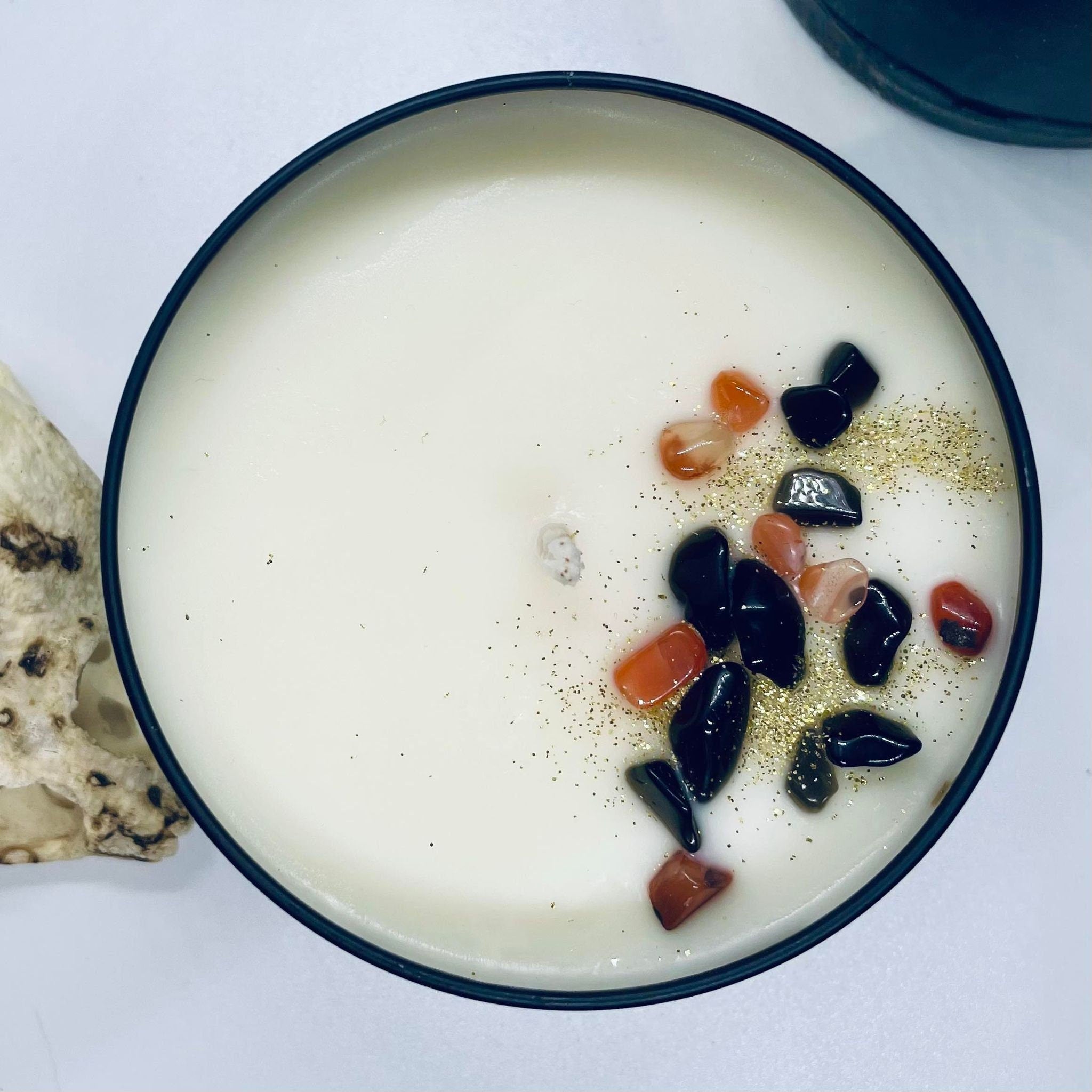 Lilith Goddess Soy Candle: Apple Cedarwood Scent, Obsidian & Agate